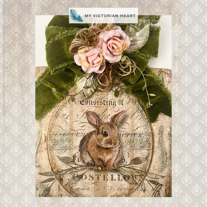 French Farmhouse Cutting Board with Green Velvet Bow by My Victorian Heart