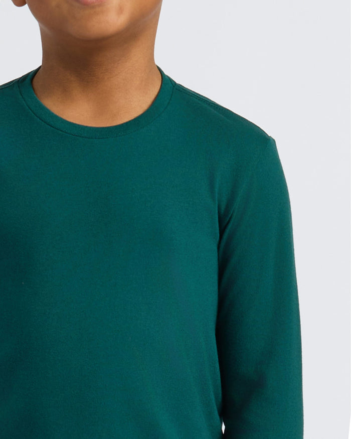 Child wearing Boys' Deep Emerald Classic Long Sleeve Curved Hem Crew Neck.