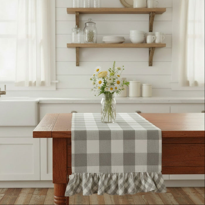 Buffalo Grey Check Ruffled Table Runner-Lange General Store