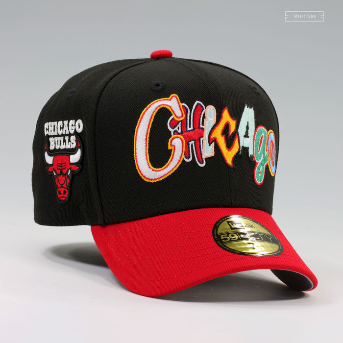 CHICAGO BULLS GRAFFITI 2 TONE JET BLACK SCARLET NEW ERA FITTED CAP