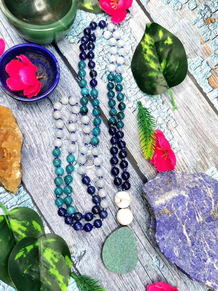 Druzy pendant 108 bead necklace with multiple gemstone beads | Gemstone Mala