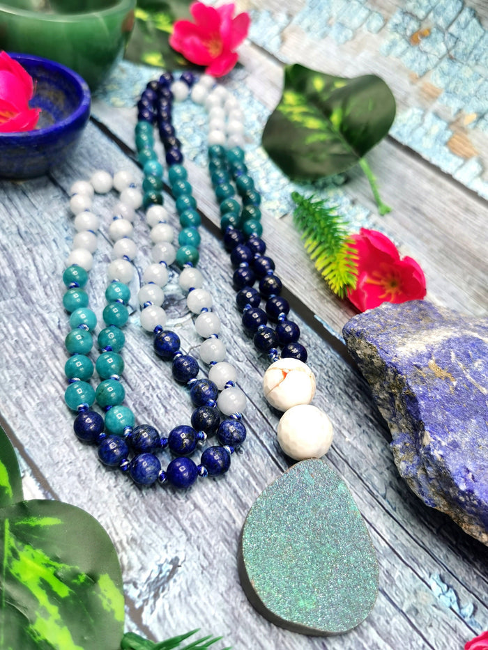 Druzy pendant 108 bead necklace with multiple gemstone beads | Gemstone Mala
