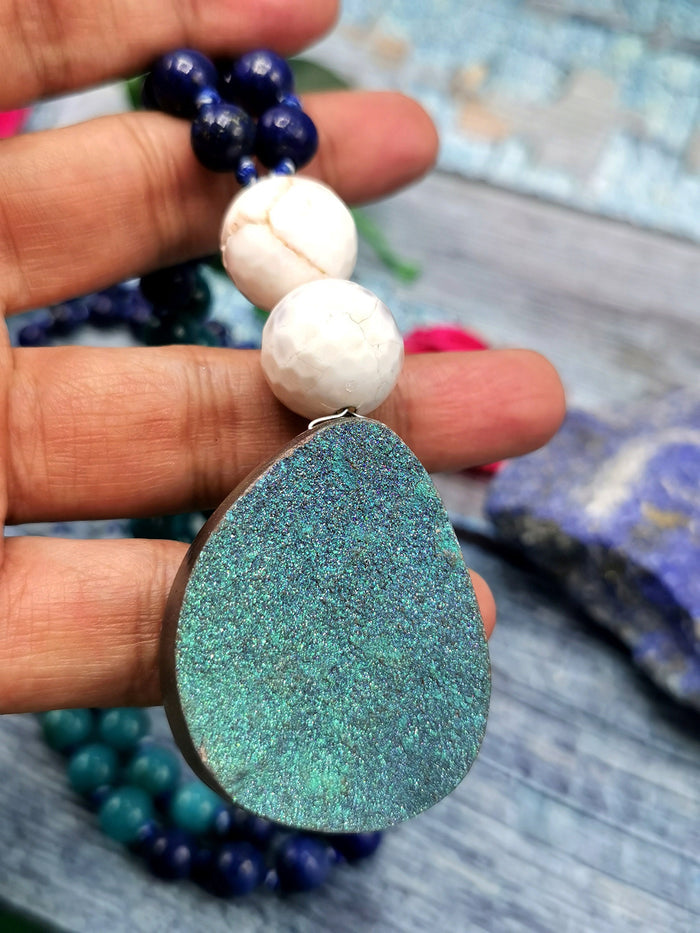 Druzy pendant 108 bead necklace with multiple gemstone beads | Gemstone Mala