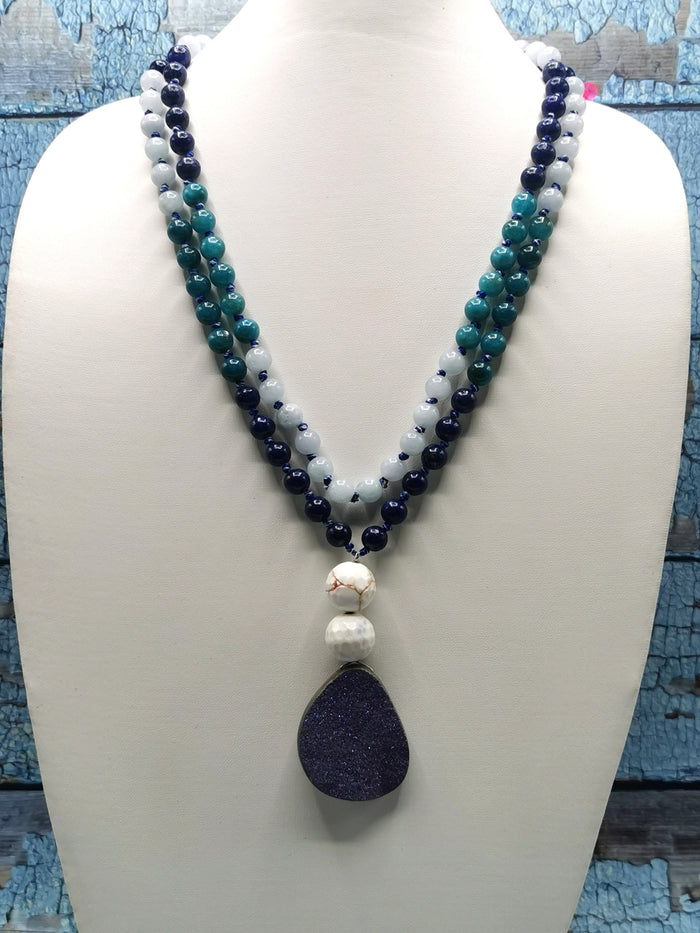 Druzy pendant 108 bead necklace with multiple gemstone beads | Gemstone Mala