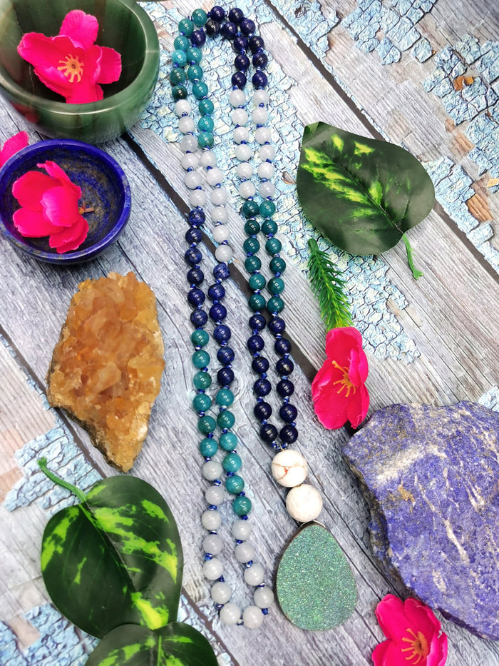Druzy pendant 108 bead necklace with multiple gemstone beads | Gemstone Mala