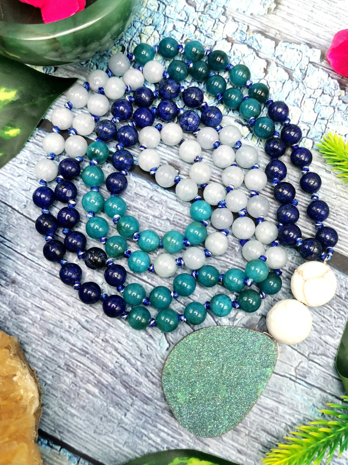 Druzy pendant 108 bead necklace with multiple gemstone beads | Gemstone Mala
