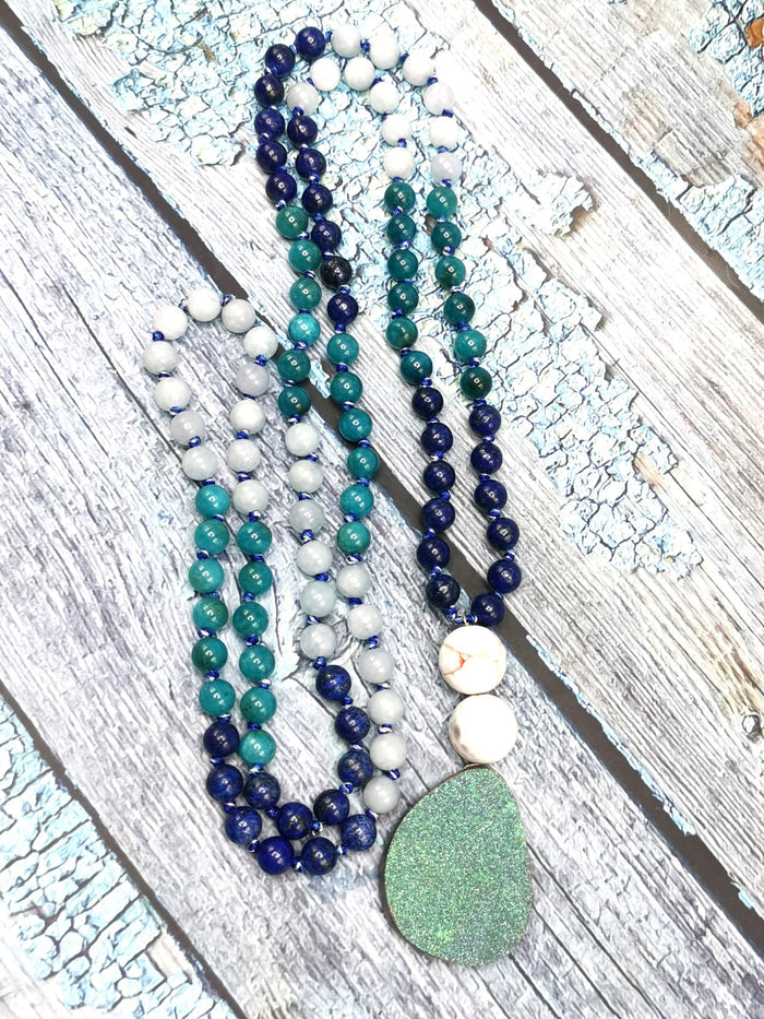 Druzy pendant 108 bead necklace with multiple gemstone beads | Gemstone Mala