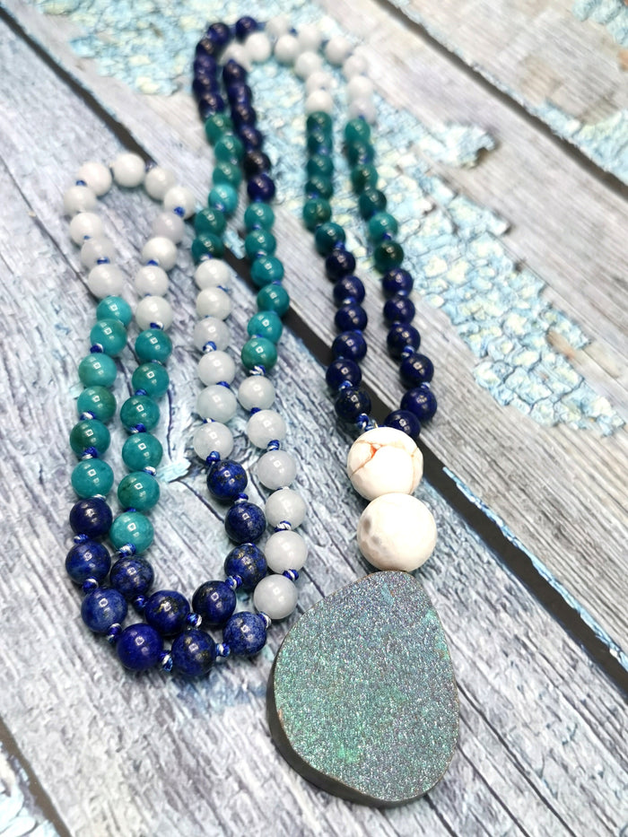 Druzy pendant 108 bead necklace with multiple gemstone beads | Gemstone Mala