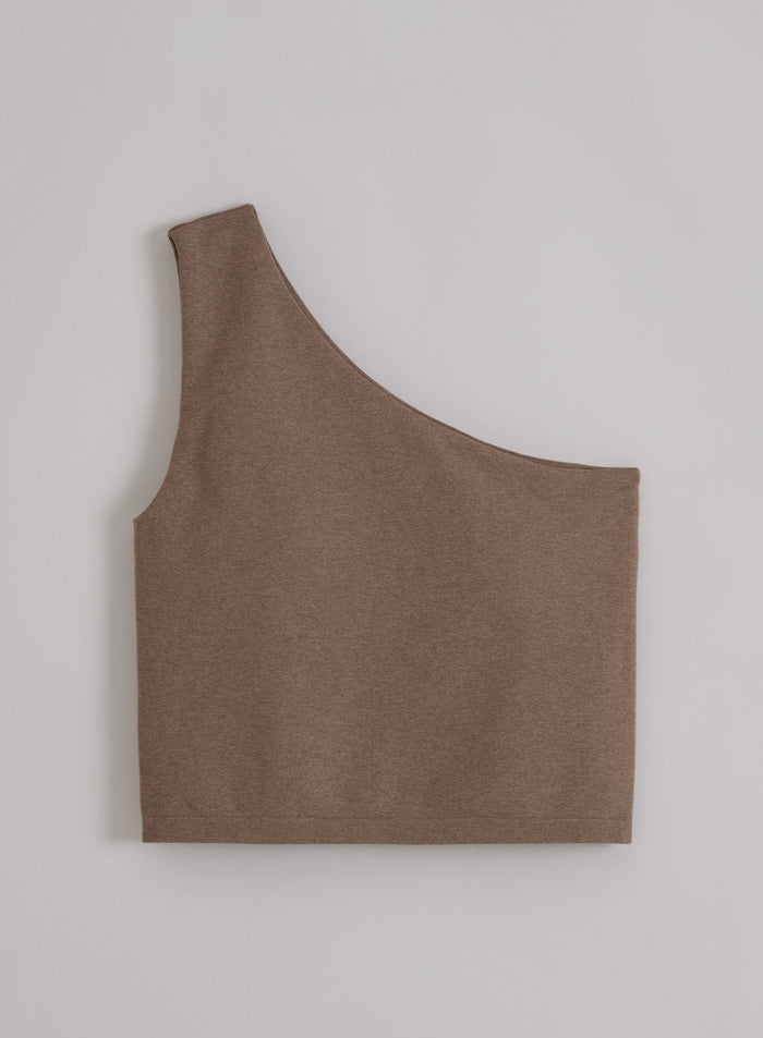 Espresso melange Shape Seamless One Shoulder Bralette merkiltä aim'n tasokuvassa second skin -tuntumalla.