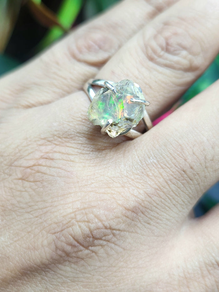 Ethiopian Opal Rough Single Stone Ring - Embracing Nature's Elegance in Sterling Silver
