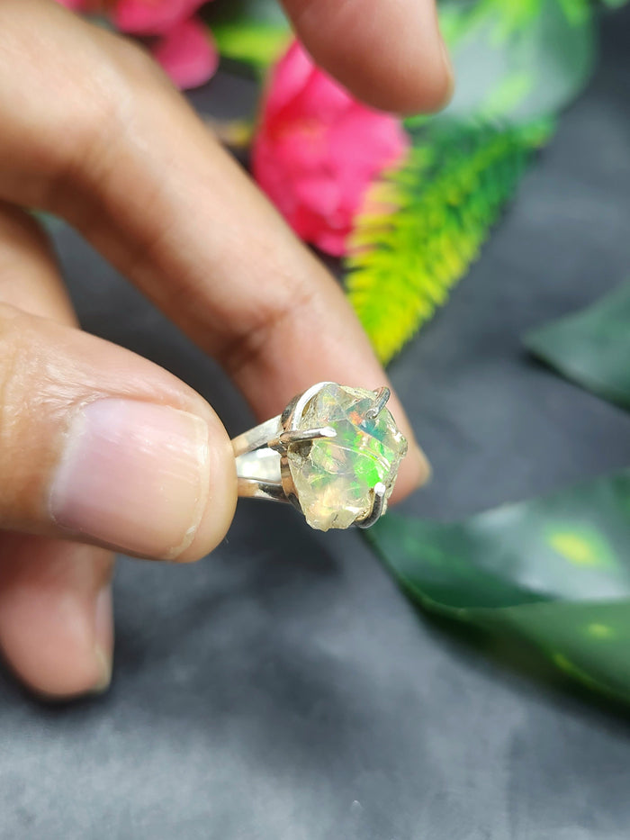 Ethiopian Opal Rough Single Stone Ring - Embracing Nature's Elegance in Sterling Silver