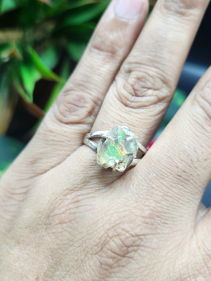 Ethiopian Opal Rough Single Stone Ring - Embracing Nature's Elegance in Sterling Silver