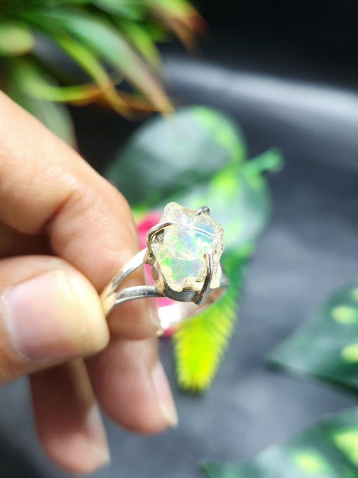 Ethiopian Opal Rough Single Stone Ring - Embracing Nature's Elegance in Sterling Silver