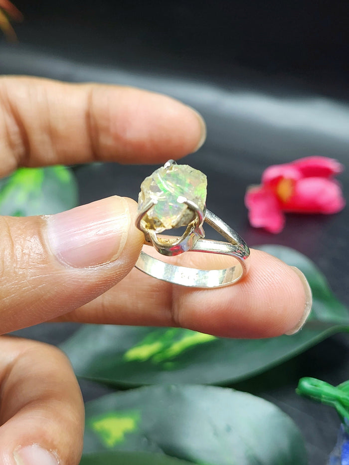 Ethiopian Opal Rough Single Stone Ring - Embracing Nature's Elegance in Sterling Silver