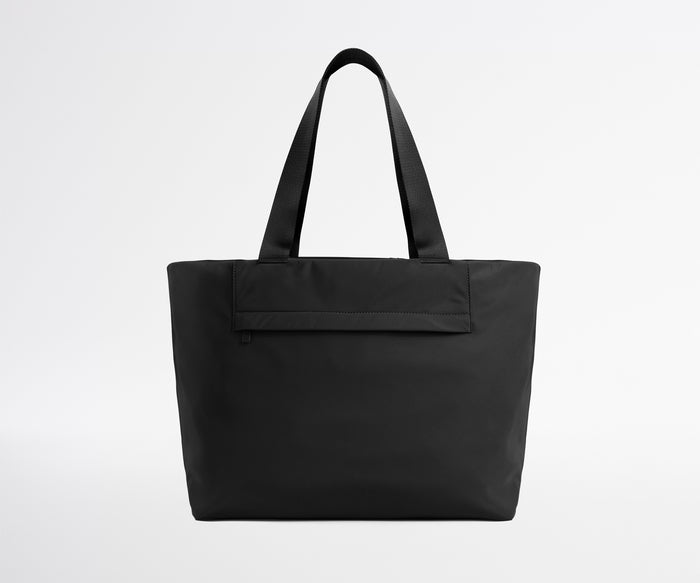 Black tote bag on a white background