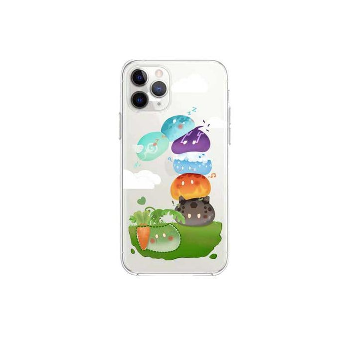 Genshin Impact Slime Phone Case: transparent, green cartoon crocodile/alligator with colorful mushroom-like shapes, kawaii ca