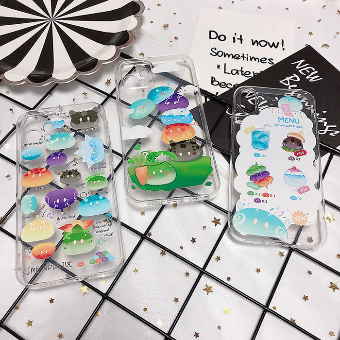 Genshin Impact Slime Phone Case: transparent, green cartoon crocodile/alligator with colorful mushroom-like shapes, kawaii ca