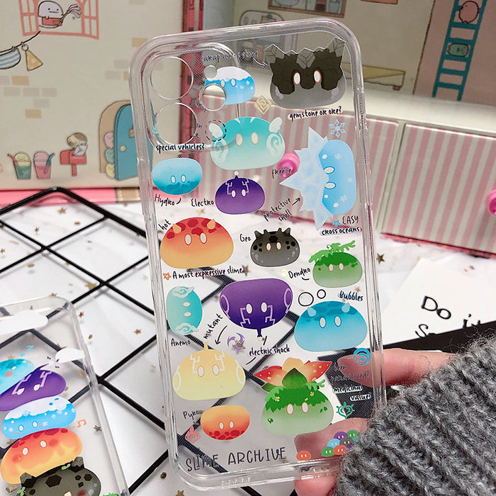 Genshin Impact Slime Phone Case: transparent, green cartoon crocodile/alligator with colorful mushroom-like shapes, kawaii ca