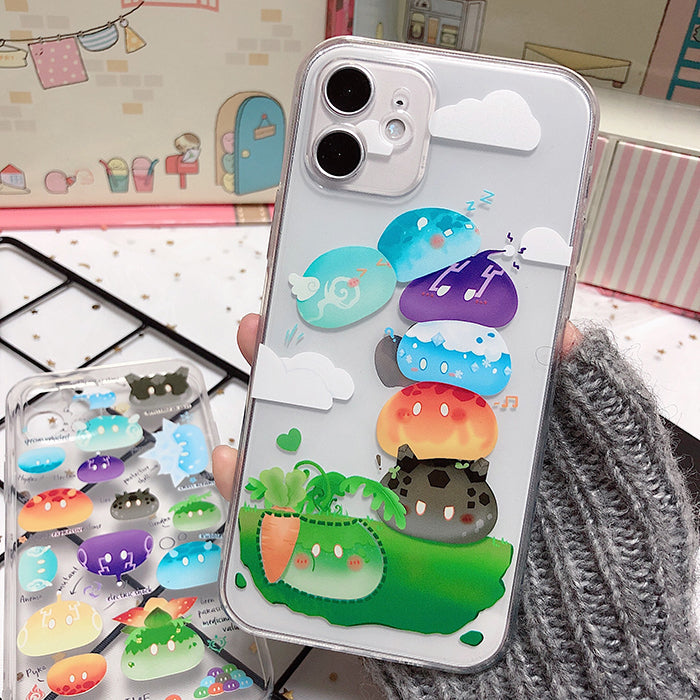Genshin Impact Slime Phone Case: transparent, green cartoon crocodile/alligator with colorful mushroom-like shapes, kawaii ca