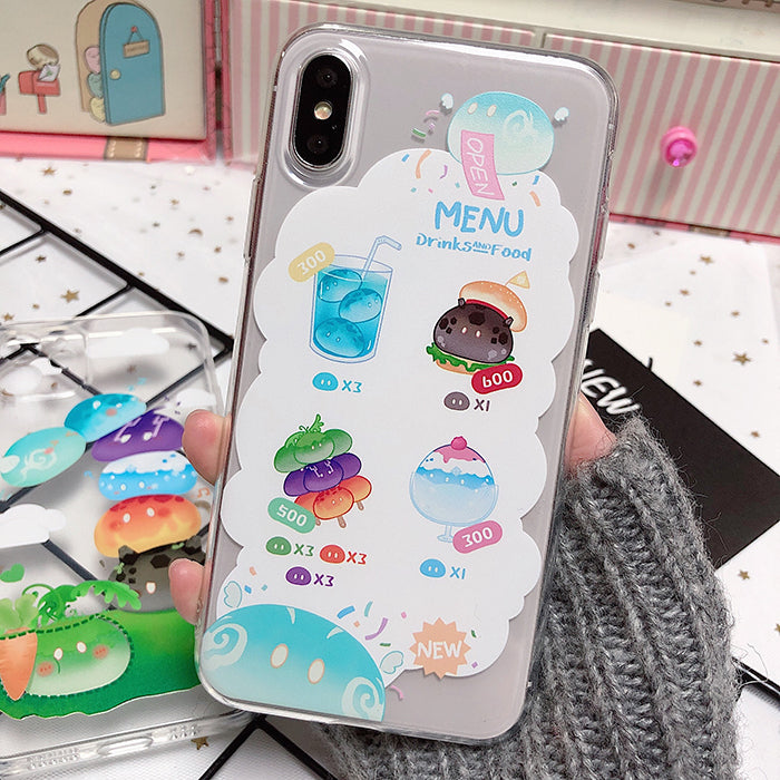 Genshin Impact Slime Phone Case: transparent, green cartoon crocodile/alligator with colorful mushroom-like shapes, kawaii ca