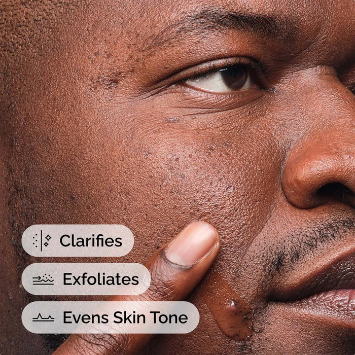 Close-up of a man's face with text indicating skin care benefits