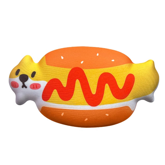Hotdog Wrist Rest Pad, Comfort and Humor: yellow, orange cat styled as a hot dog, kawaii cartoon style