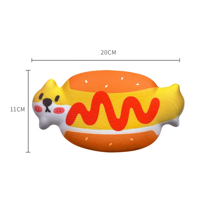 Hotdog Wrist Rest Pad, Comfort and Humor: yellow, orange cat styled as a hot dog, kawaii cartoon style
