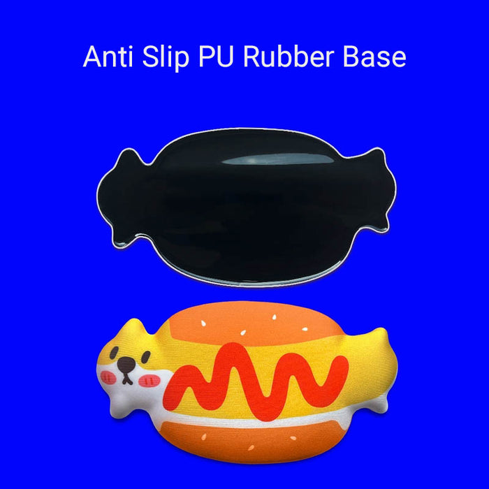 Hotdog Wrist Rest Pad, Comfort and Humor: yellow, orange cat styled as a hot dog, kawaii cartoon style
