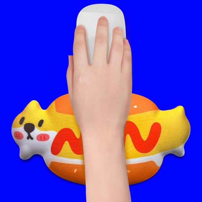 Hotdog Wrist Rest Pad, Comfort and Humor: yellow, orange cat styled as a hot dog, kawaii cartoon style