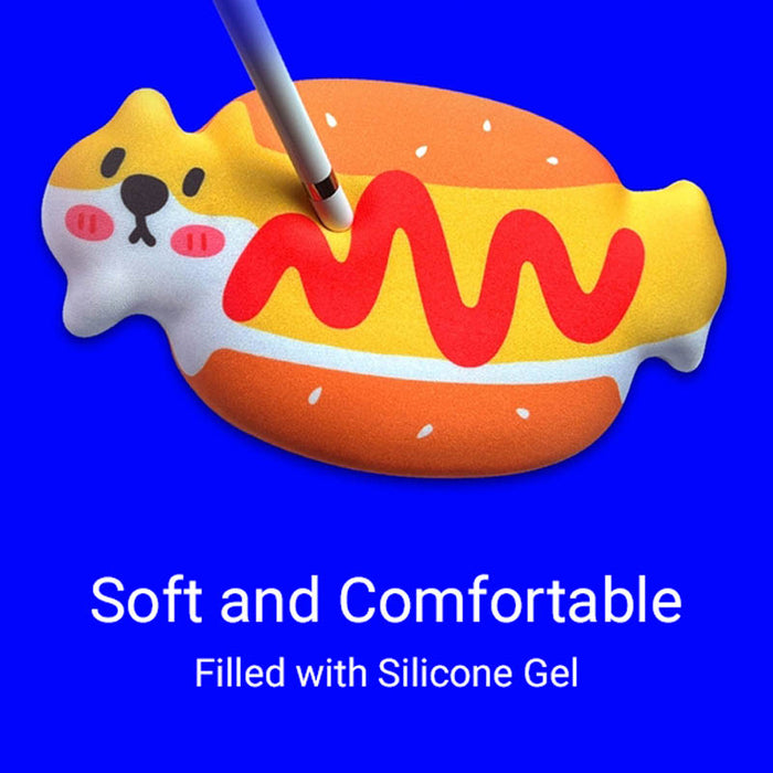Hotdog Wrist Rest Pad, Comfort and Humor: yellow, orange cat styled as a hot dog, kawaii cartoon style