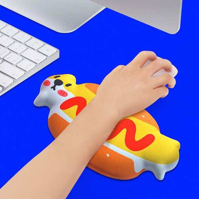 Hotdog Wrist Rest Pad, Comfort and Humor: yellow, orange cat styled as a hot dog, kawaii cartoon style