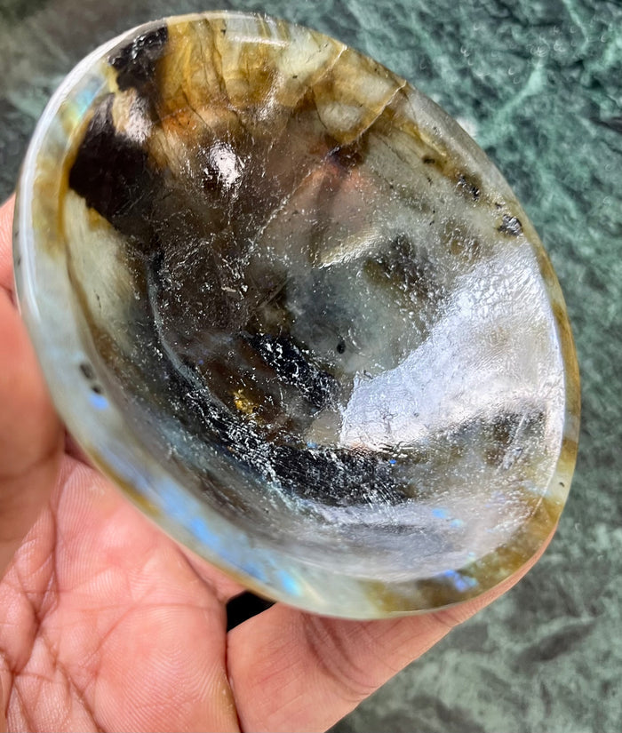 Beautiful Labradorite hand carved round bowl - 3 inches diameter and total weight 145 gms (0.32 lb) - ONE BOWL ONLY - Shwasam