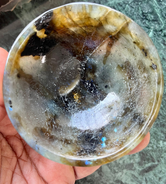 Beautiful Labradorite hand carved round bowl - 3 inches diameter and total weight 145 gms (0.32 lb) - ONE BOWL ONLY - Shwasam