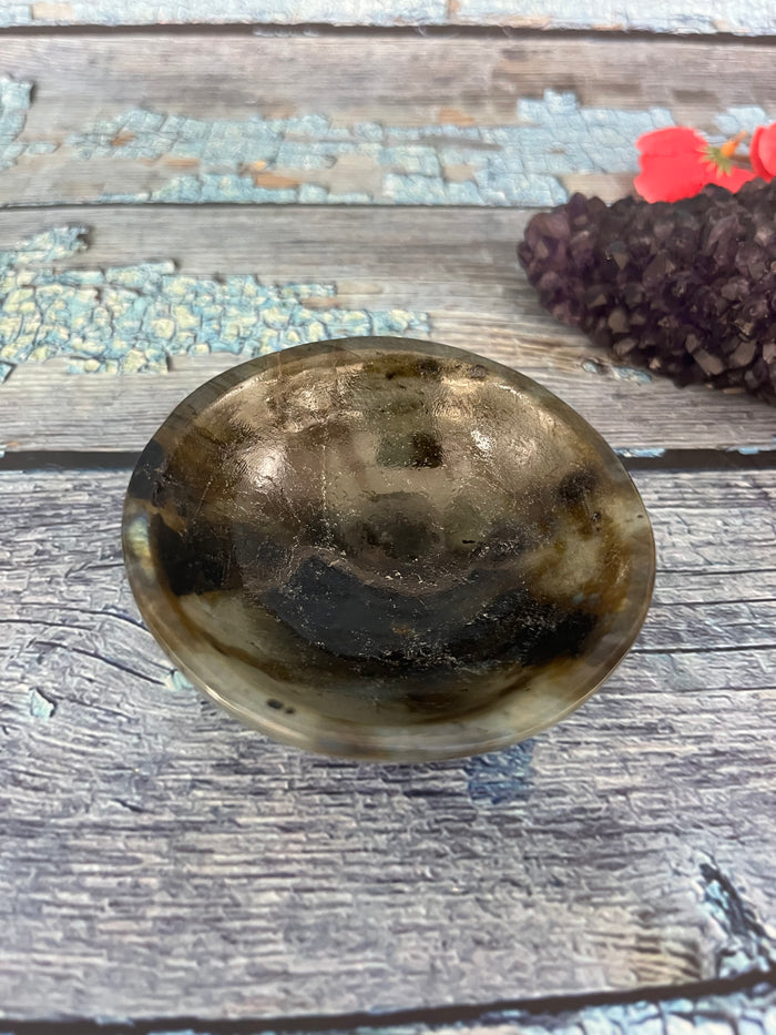 Beautiful Labradorite hand carved round bowl - 3 inches diameter and total weight 145 gms (0.32 lb) - ONE BOWL ONLY - Shwasam
