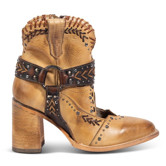FREEBIRD women's Jetson tan western heeled bootie with vintage-inspired detailing and instep cutout