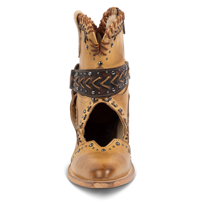 Front view showing silver stud detailing, instep cutout, stitched strap construction on FREEBIRD women's Jetson tan heeled bootie