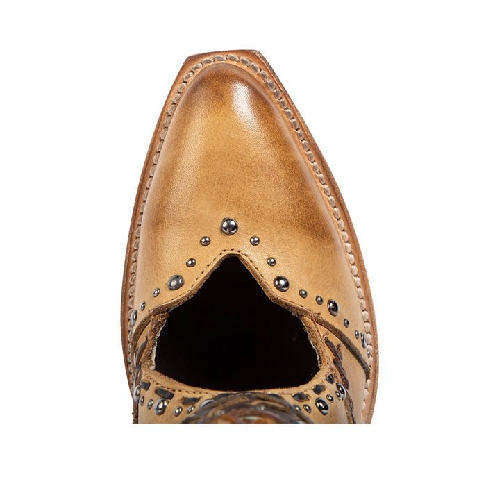Top view showing a pointed toe and open instep construction with silver stud detailing on FREEBIRD women's Jetson tan heeled bootie