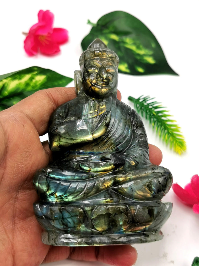 Labradorite Buddha handmade carving - 4 inches and 310 gms (0.68 lb)