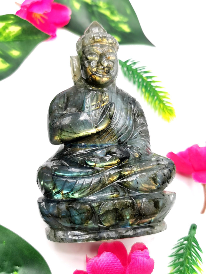 Labradorite Buddha handmade carving - 4 inches and 310 gms (0.68 lb)
