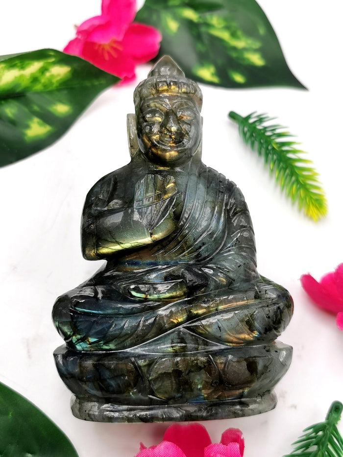 Labradorite Buddha handmade carving - 4 inches and 310 gms (0.68 lb)