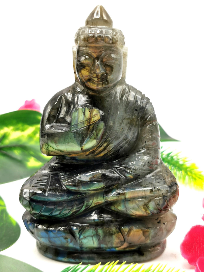 Labradorite Buddha handmade carving - 4 inches and 310 gms (0.68 lb)
