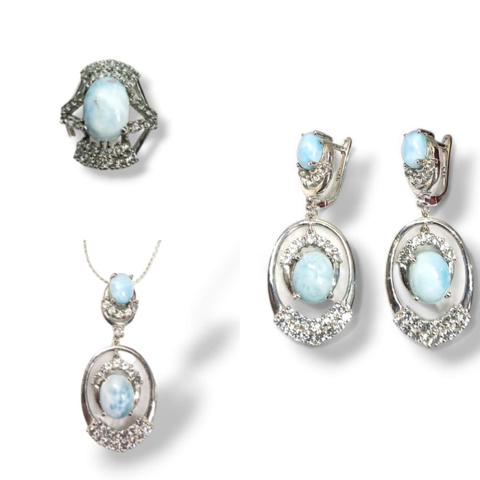Larimar jewelry set of ring, pendant & earring in 925 silver with rhodium plating - Shwasam