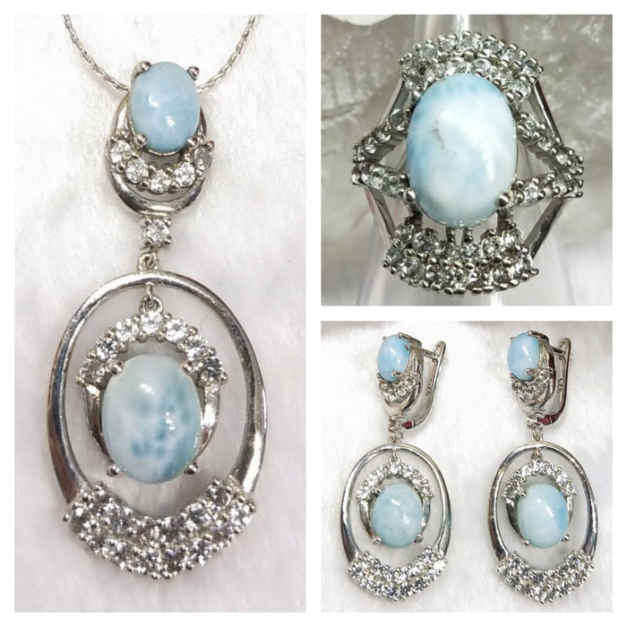 Larimar jewelry set of ring, pendant & earring in 925 silver with rhodium plating - Shwasam