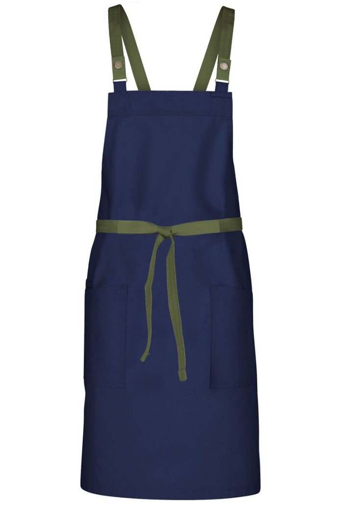 Chef Works Military Green Lockharte Dark Navy Crossback Canvas Bib Apron