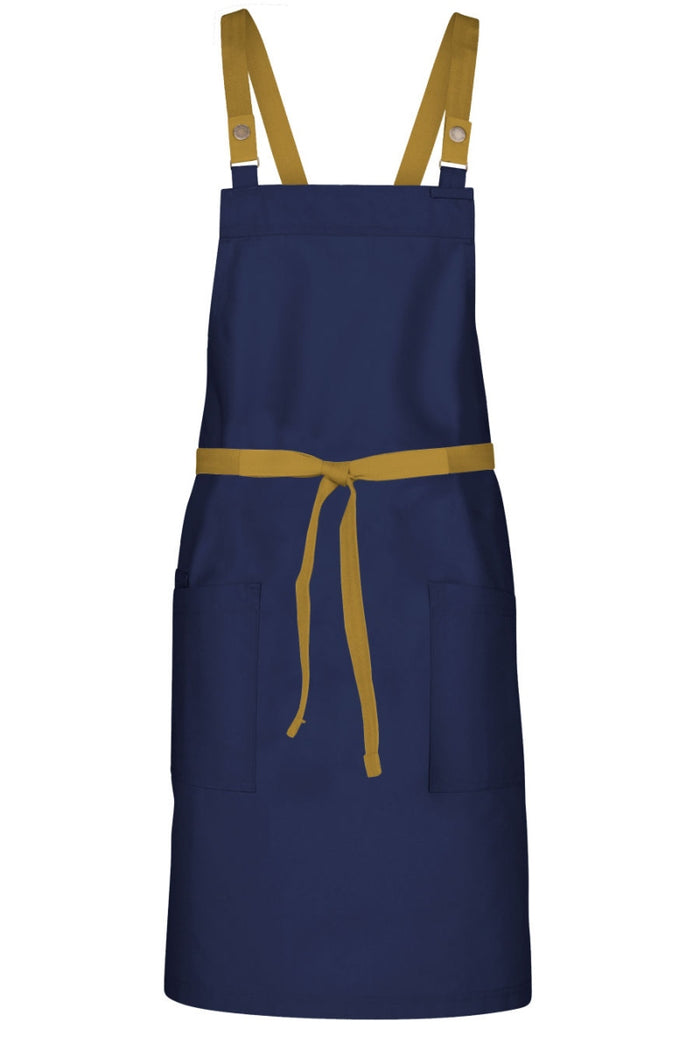 Chef Works Mustard Lockharte Dark Navy Crossback Canvas Bib Apron