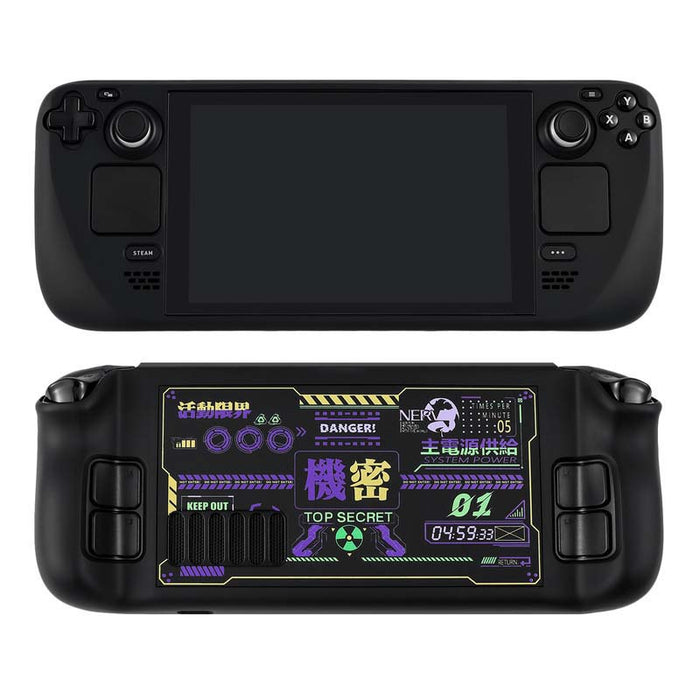 Mecha Steam Deck Case: stylish protection: black, purple sci-fi/cyberpunk warning-panel theme, cyberpunk, futuristic, cartoon