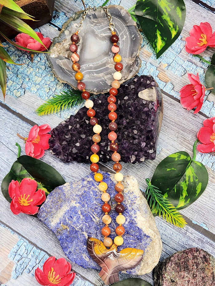 Mookaite Jasper Bead Mala with Mookaite Jasper Phoenix Pendant - Symbolism and Artistry