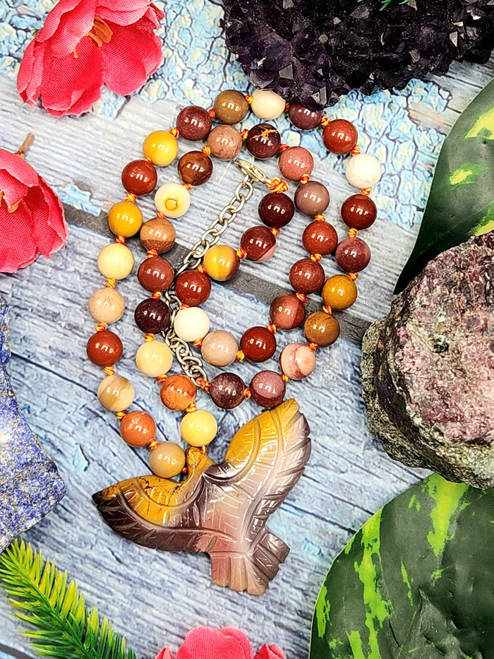 Mookaite Jasper Bead Mala with Mookaite Jasper Phoenix Pendant - Symbolism and Artistry