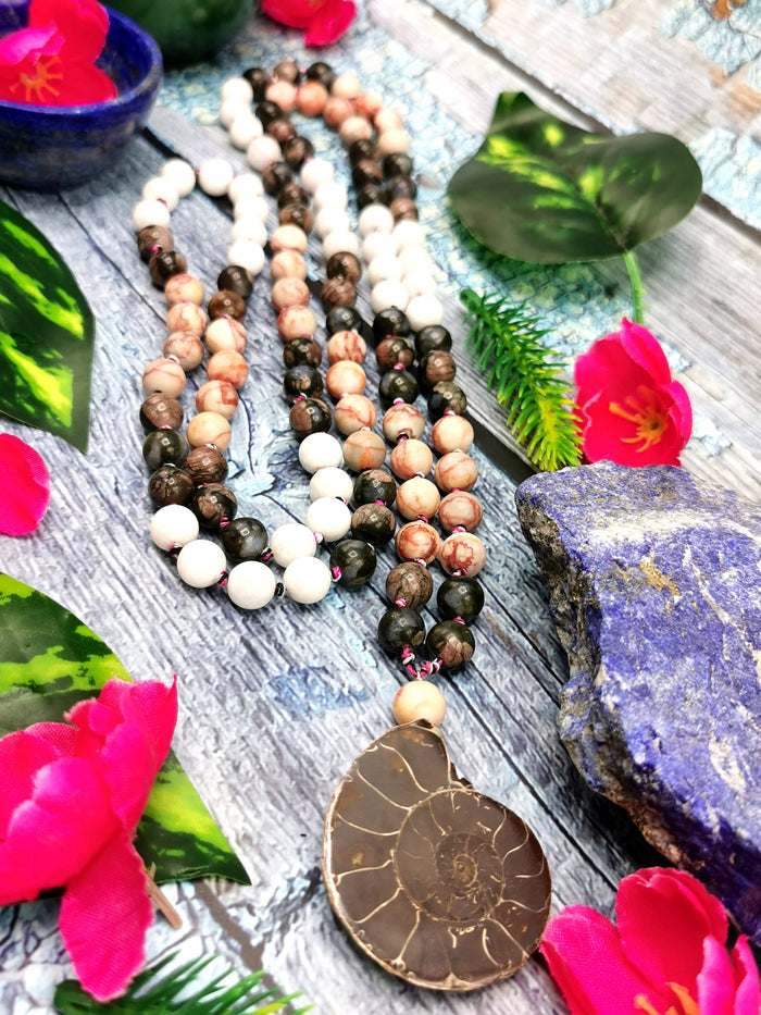 Multiple gemstone beads necklace with ammonite pendant - Shwasam