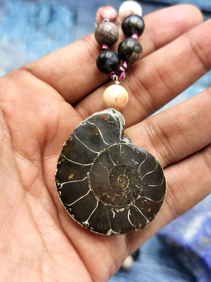Multiple gemstone beads necklace with ammonite pendant - Shwasam